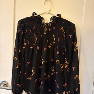 Madewell Black Floral Smocked Chiffon Blouse | Ruffle Neck | Long Sleeve